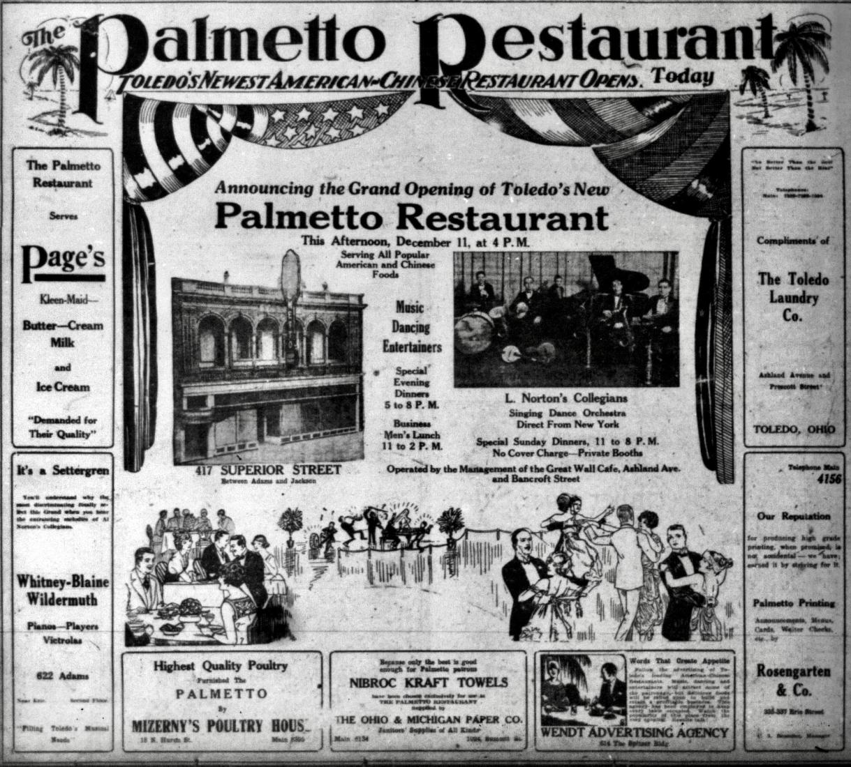 Grand opening advertisement for the Palmetto Restaurant