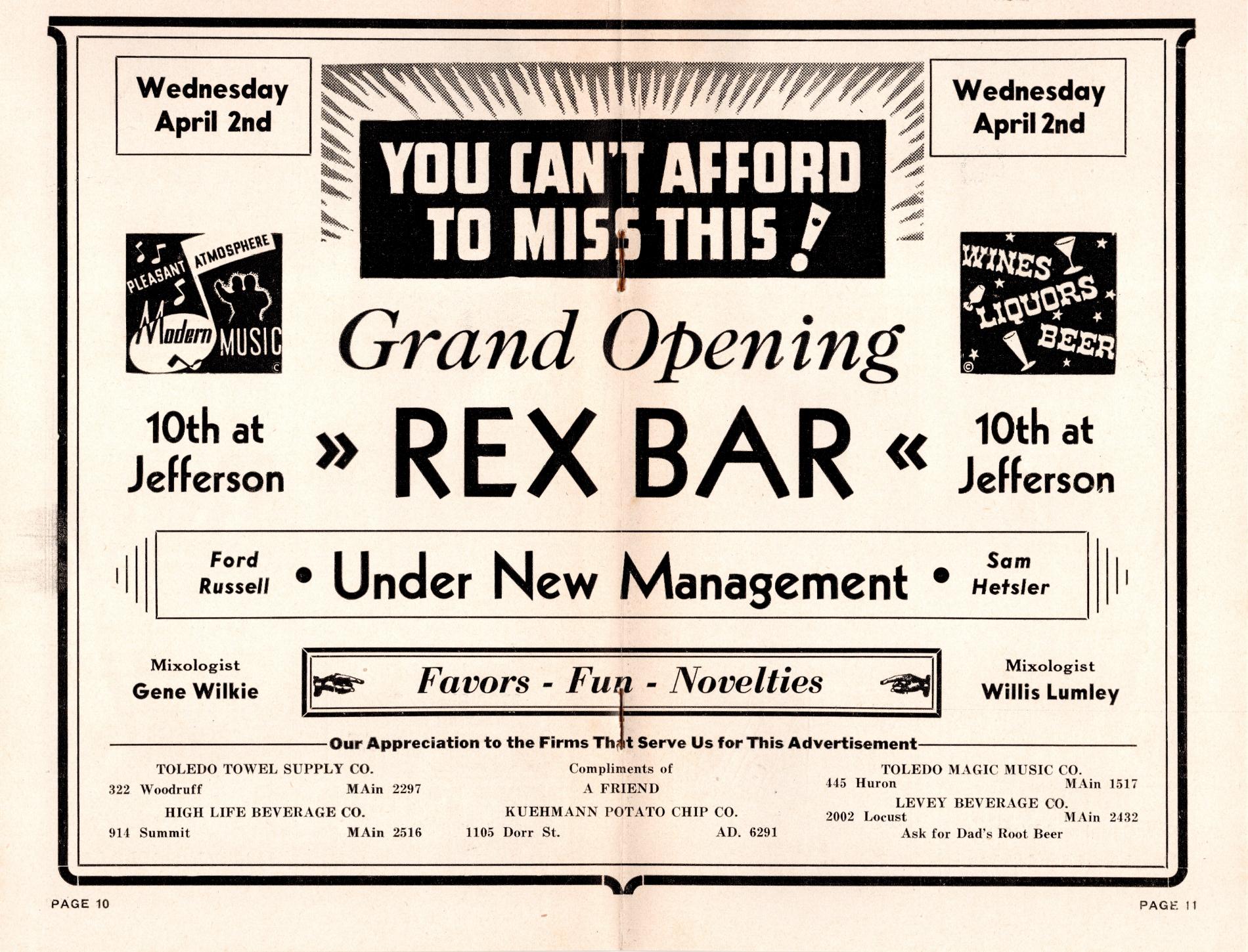 Grand opening advertisement for the Rex Bar