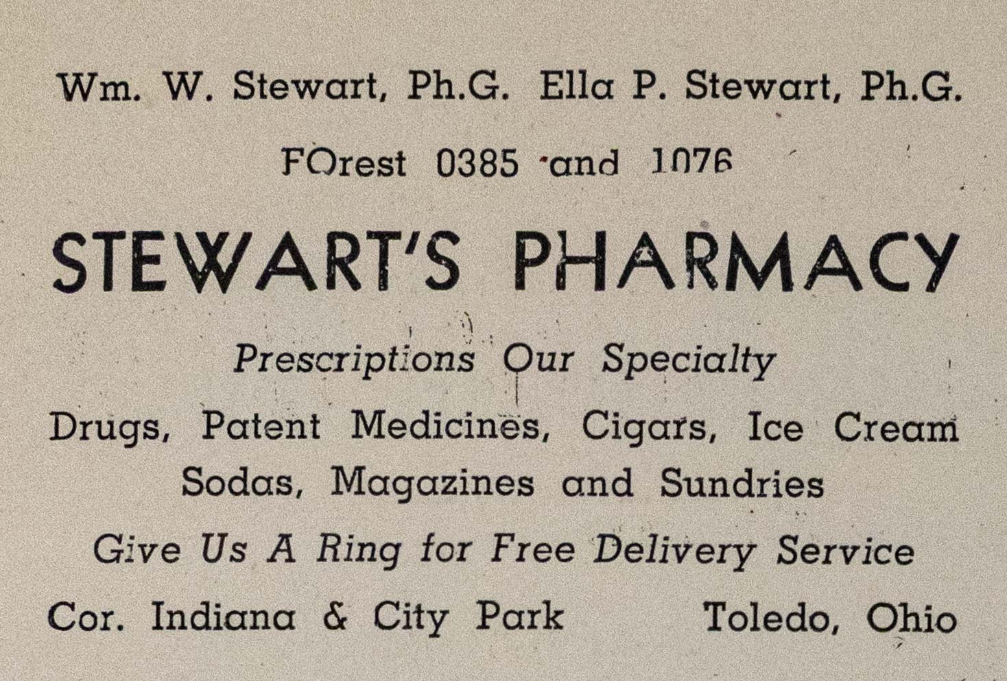 Advertisement for Stewart's Pharmacy, Toledo